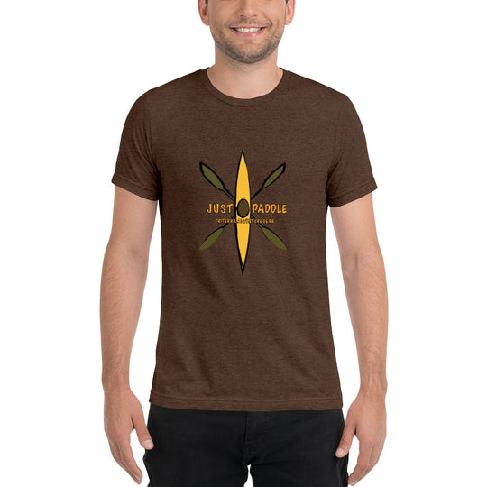 Yellow Kayak Emblem brown Tee with Rustic Crossed Paddles Design