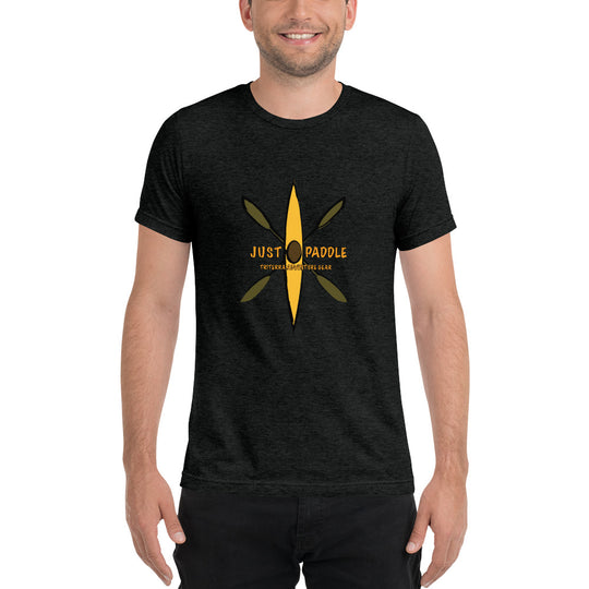 Yellow Kayak Emblem charcoal Tee with Rustic Crossed Paddles Design