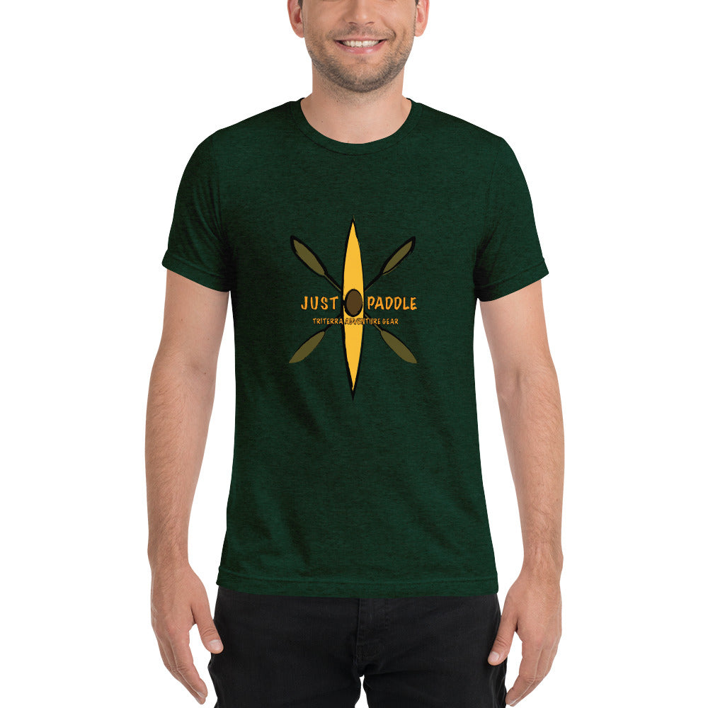 Yellow Kayak Emblem dark green Tee with Rustic Crossed Paddles Design