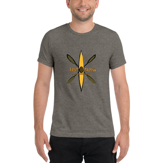 Yellow Kayak Emblem grey Tee with Rustic Crossed Paddles Design