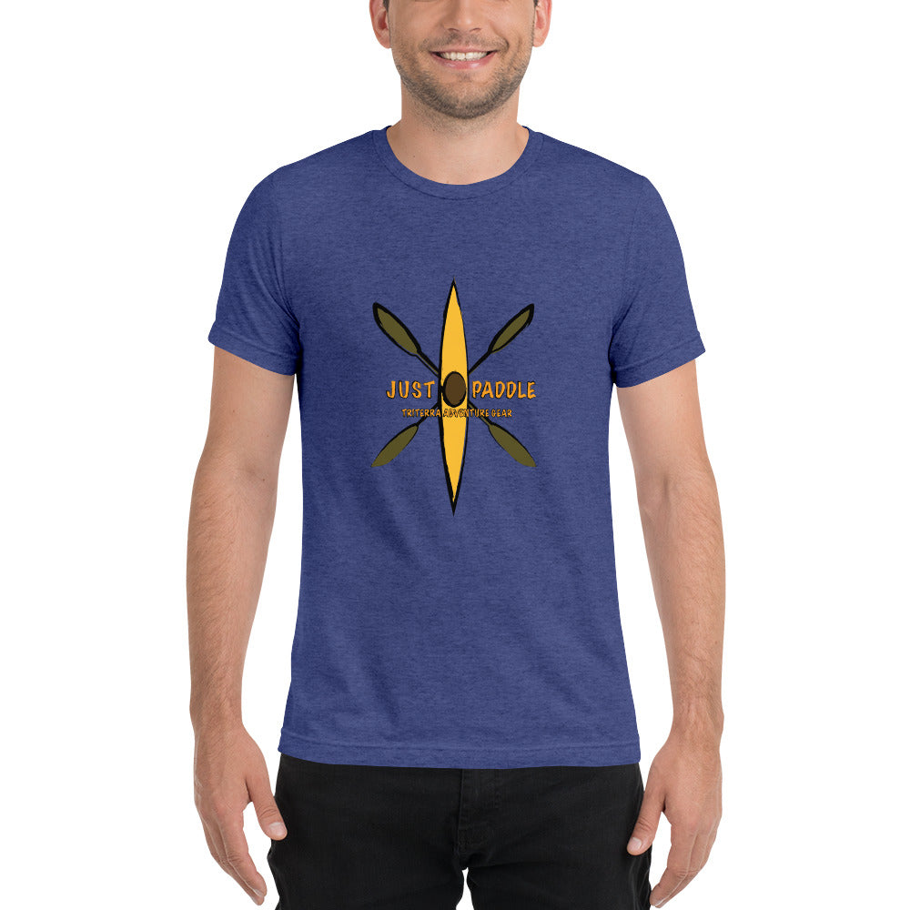 Yellow Kayak Emblem navy blue Tee with Rustic Crossed Paddles Design