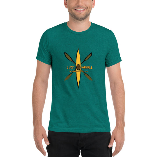 Yellow Kayak Emblem teal Tee with Rustic Crossed Paddles Design